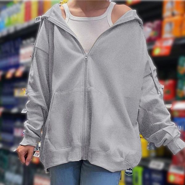 

women's hoodies & sweatshirts women oversized hooded sweatshirt solid color long sleeve zip-up coat 2021 korean style vintage loose jac, Black