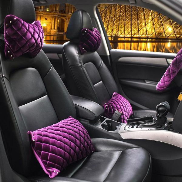 

winter crystal diamond car headrest neck pillow plush head waist support pillows auto interior accessories girls women seat cushions