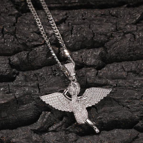 

pendant necklaces angel wing necklace & stainless steel chain cuban + iced out cubic zircon men's women hip hop rock jewelry, Silver