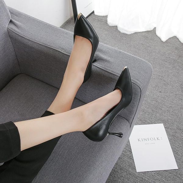 

dress shoes women pumps metal head work high heel shallow mouth office lady thin pointed toe comfortable, Black
