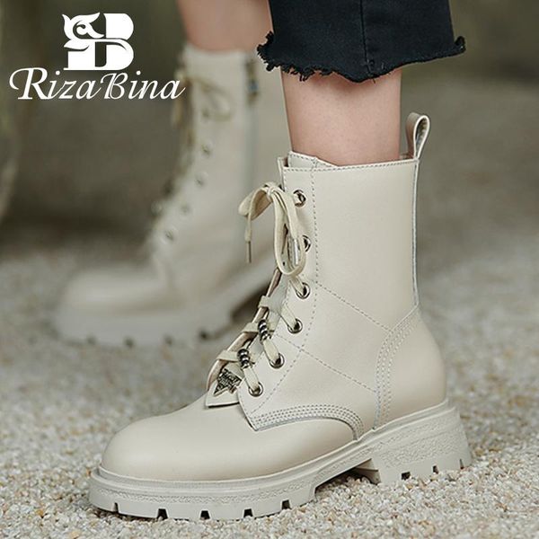 

boots rizabina size 33-40 genuine leather women's ankle shoes low heels lace up winter warm fashion short boot ladies footwear, Black
