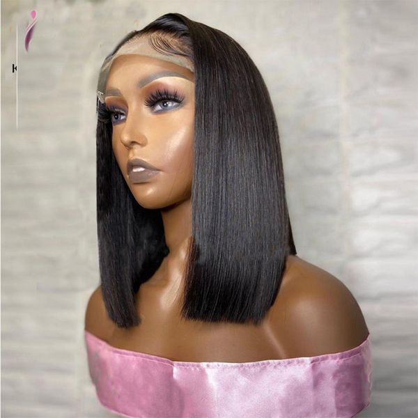 

lx brand middle part 26 inch short cut bob black color 180%density glueless lace front wig for woman babyhair preplucked heat resistantfact