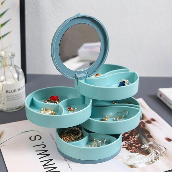 

cosmetics container jewelry storage box multilayer rotating plastic boxes earrings ring stand organizer with mirror bottles & jars