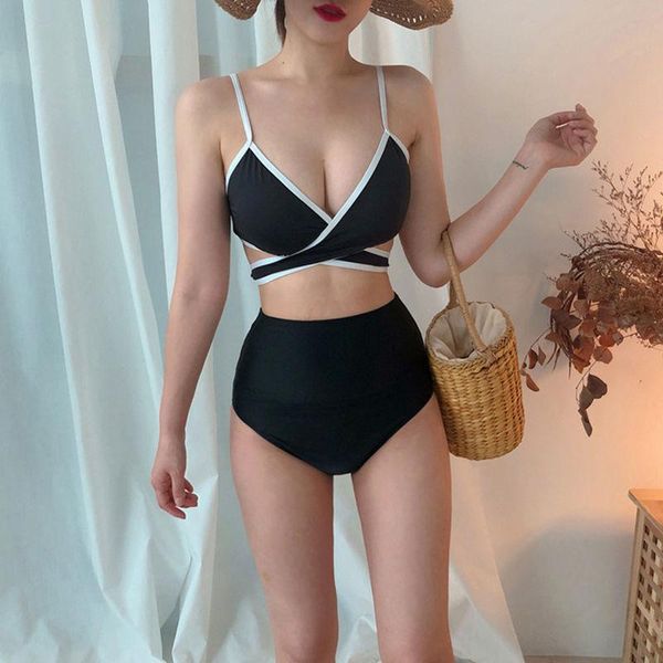 

women's swimwear ins south korea's retro bikini little red book net same high waist strap size chest gathered swimsuit, White;black