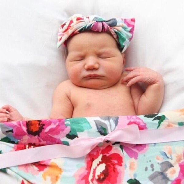 

blankets & swaddling 2pcs/set baby blanket headband set pography props flower print born accessories receiving infant swaddle wrap