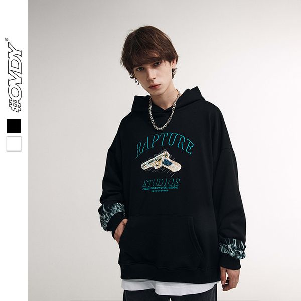 

wxwovdy autumn winter new street fashion brand simple pistol theme print off shoulder loose hooded sweater men, Black