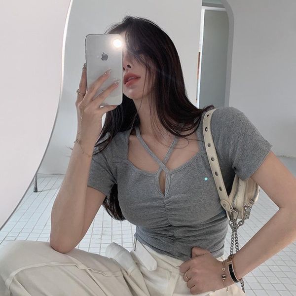 

women's t-shirt korean clothes summer clothing women hollow out t shirts square collar halter tees female fashion brand slim crop top, White