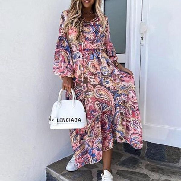 

casual dresses 2021 autumn lantern long sleeve floral print dress women vintage o neck boho elegant summer party vestidos, Black;gray
