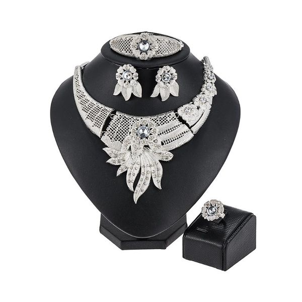 

earrings & necklace fashion african leaves shape silver plated clear crystal jewelry set wedding bridal costume sets