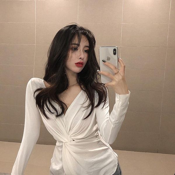 

women's t-shirt chic women t-shirts plunge deep v-neck cross twisted long sleeve tee solid casual ladies outfits, White