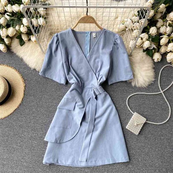 

women's fashion v collar short sleeve high waist thin big pocket slim mini a-line dress summer vestidos de mujer s565 210527, Black;gray