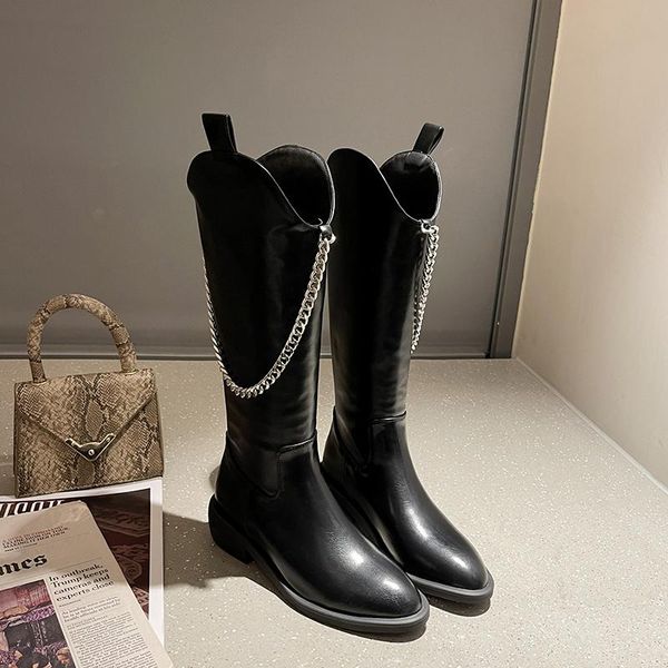 

boots knee high heels women pointed toe long metal chain western chunky heel black beige botas altas mujer