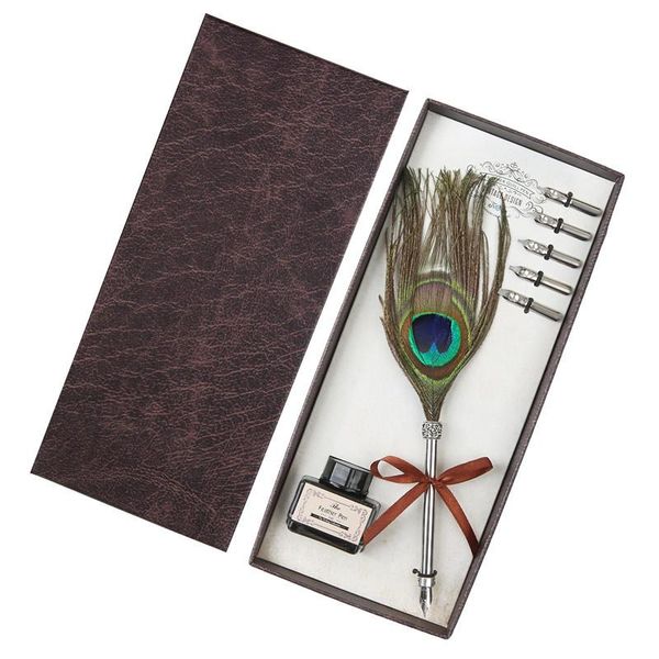 

vintage feather pen writing ink set stationery business office supplies gift box with 5 nib wedding fountain pens