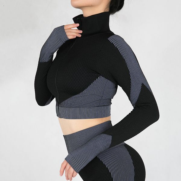 

tight sports women's fitness stripe seamless yoga zipper high elastic long sleeve yoga clothes top, Gray