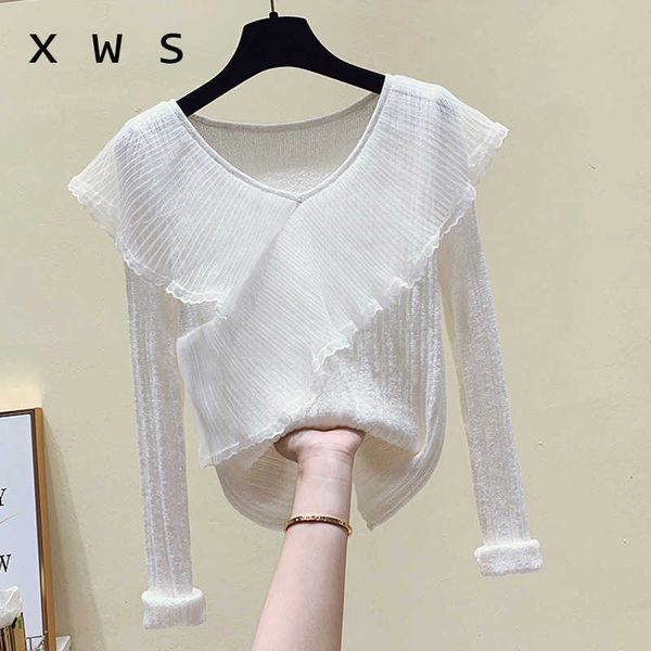 

fashion ruffle autumn v-neck thin sweater pullovers women long sleeve casual mesh patchwork sweater knit jumpers 210604, White;black