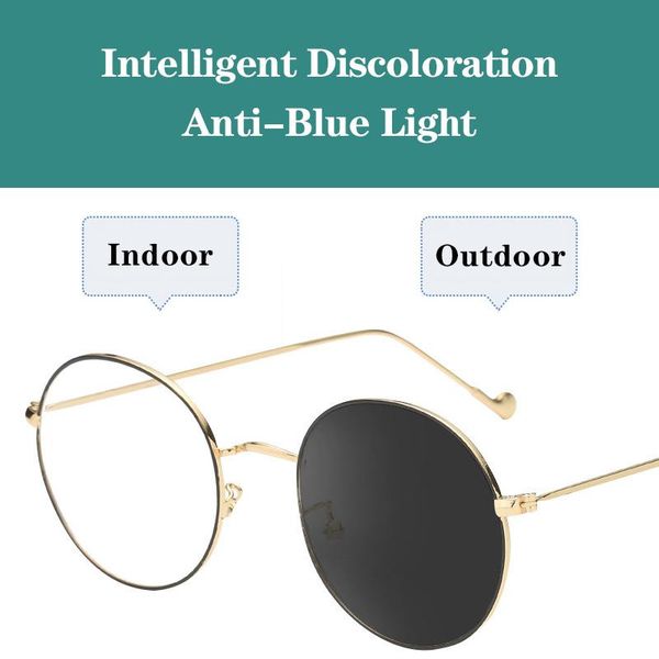 

anti blue light computer glasses classic round metal clear lens frame circle eyeglasses pochromic outdoor sunglasses, White;black