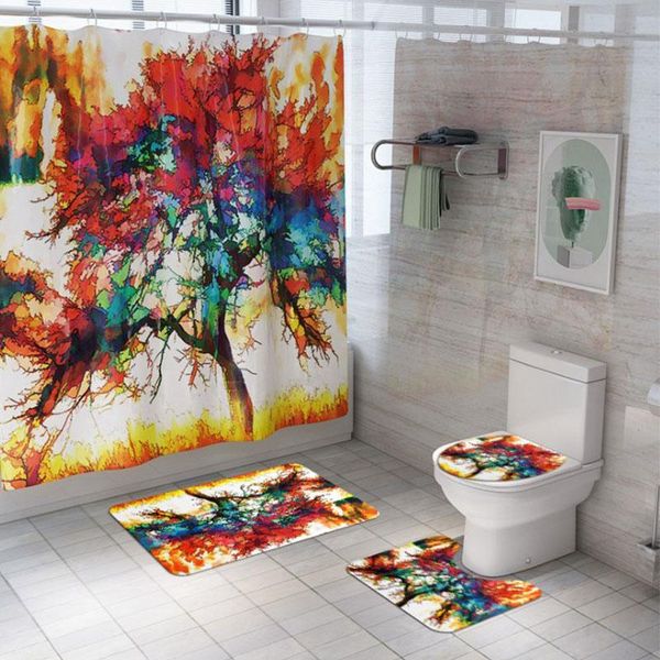 

shower curtains bathroom non-slip waterproof colorful forest carpet toilet cover mat washable curtain set