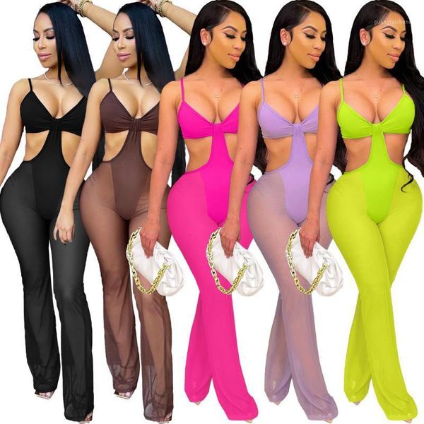 

women's swimwear 1l242 summer women causal fashion solid perspective hollow out v-neck sling beach bikini jumpsuit swimsuit, White;black