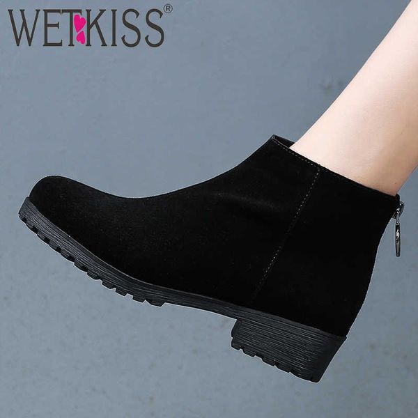

wetkiss cow suede boots women thick heels ankle booties female zip platform shoes ladies round toe warm shoes winter 210630, Black