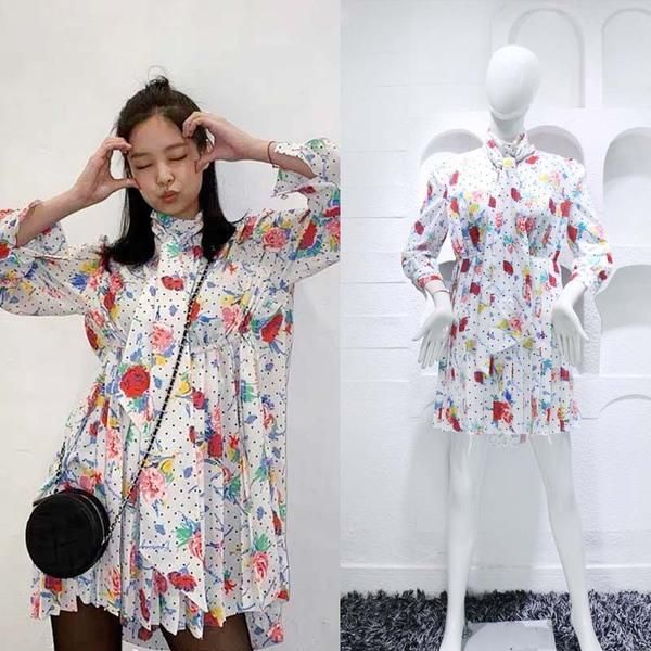 

casual dresses kpop korean celebrity same summer floral lace-up long sleeve dress women streetwear fashion turtleneck mini pleated, Black;gray