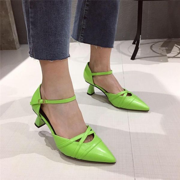 

sandals fashion ol dress shoes woman pointed toe shallow chunky heels summer cut out solid leather femme korean sandalias mujer, Black