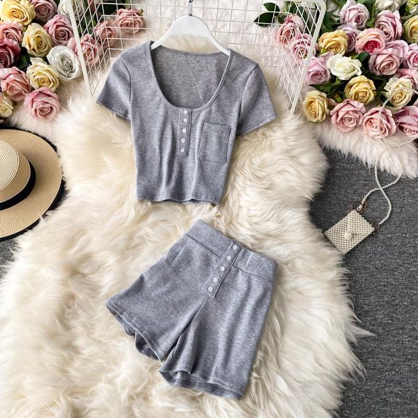 

leisure sports suit women's 2021 summer high waist short wide leg two piece set tracksuits, Gray