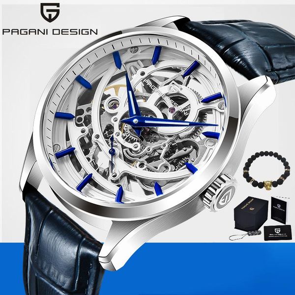 

brand pagani design leisure fashion leather men automatic mechanical skeleton waterproof watches relogio masculino wristwatches, Slivery;brown