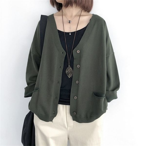 

johnature women cardigan sweaters solid color loose v-neck long sleeve coats autumn button pockets female 210914, White;black