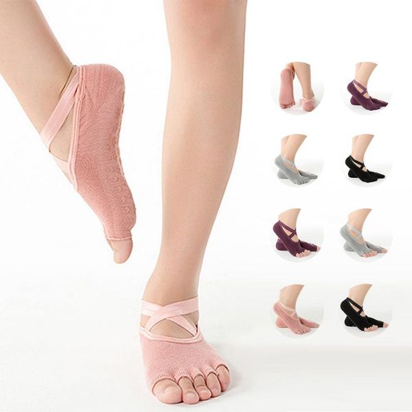 

anti slip cross-ballet socks with five-finger women breathable cotton yoga sports quick-dry silicone fitness running, Black
