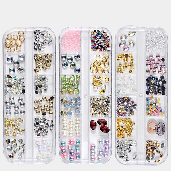 

nail art decorations swarovska 12 grids mixed crystal rhinestones glass caviar gradient pearls metal rivets colorful sequins 3d, Silver;gold
