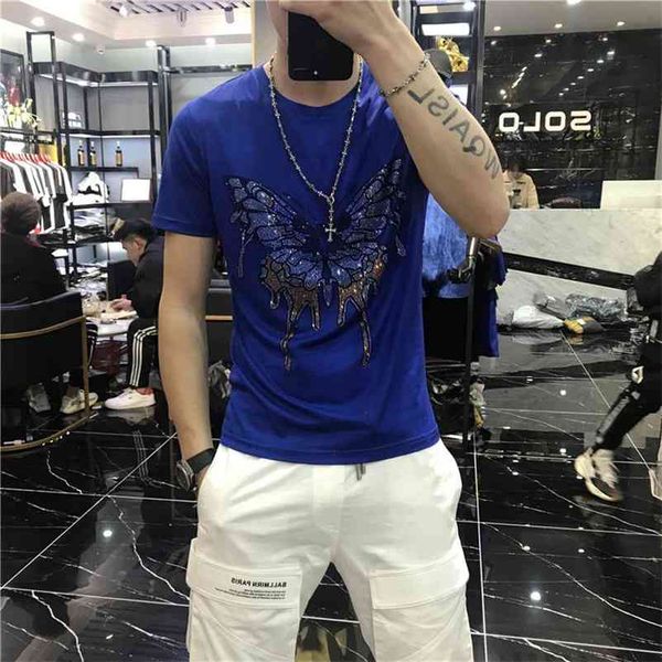 

european selling 100% cotton personalized shirt men's t-shirt fashion rhinestone pattern short sleeve 210322, White;black