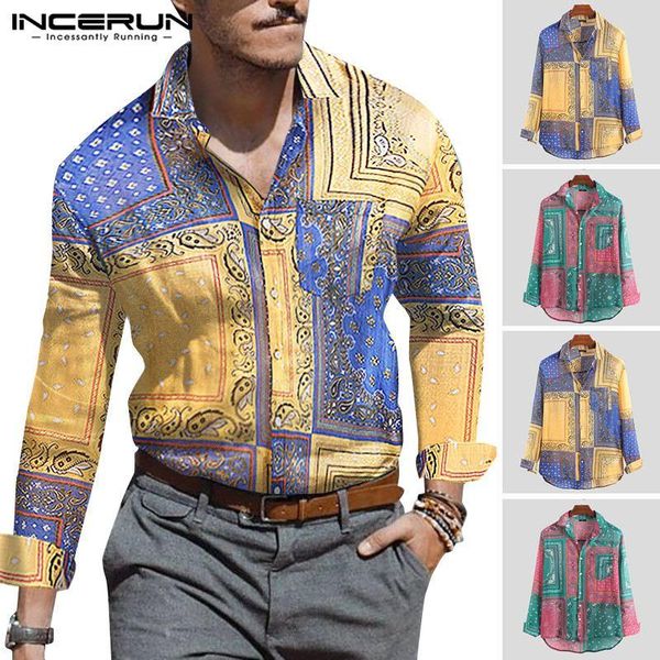

men's casual shirts incerun 2021 vintage men shirt printed long sleeve ethnic style lapel neck vacation hawaiian brand s-5xl, White;black