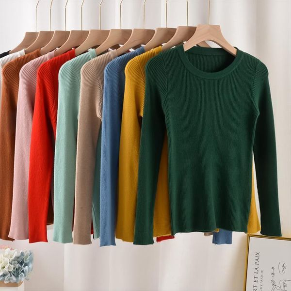 

autumn winter women ladies sweaters classic o neck long sleeve crewneck sweater femme slim fitting knitted ribbed korean pullover jumper, White;black