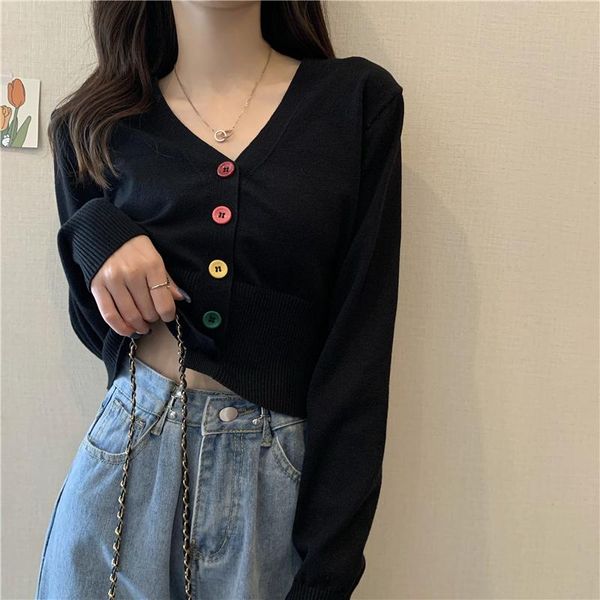 

women's knits & tees rainbow color button short long sleeve sweater women sweet knitted cardigan autumn female korean fits v-neck outer, White