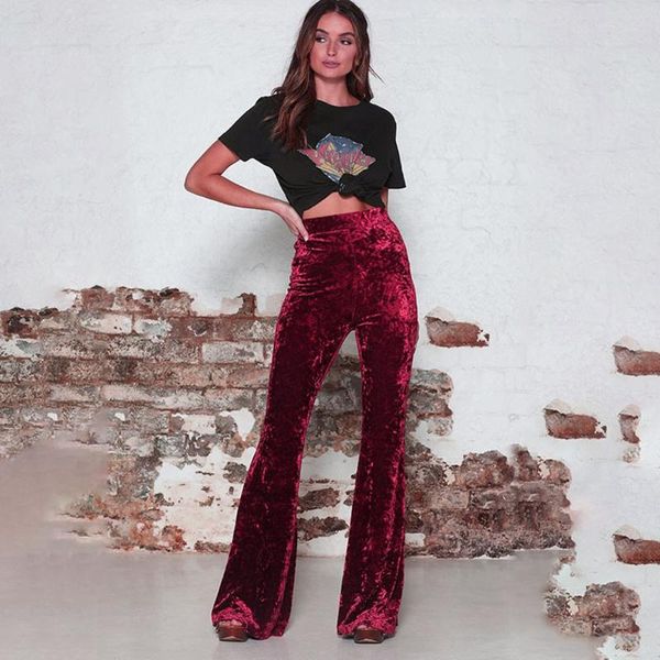 

women's leggings womens high waist gold velvet flare ladies solid casual stretch wide leg trousers, Black