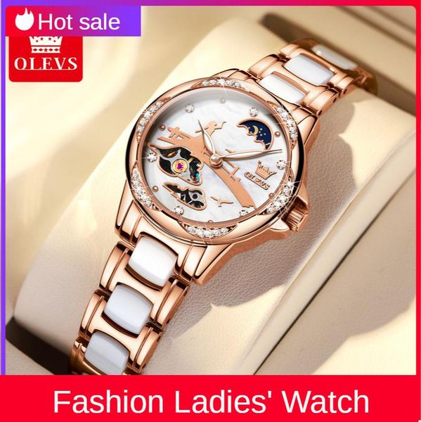 

wristwatches watch tanabata fashion hollow automatic mechanical room ceramic steel band ladies women, Slivery;brown