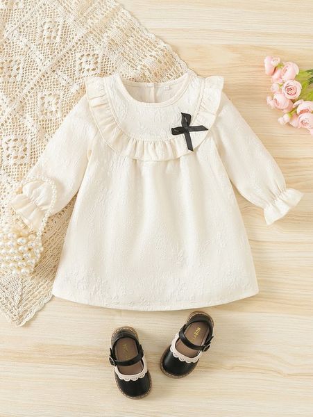 

baby jacquard ruffle trim bow front flounce sleeve dress she, Red;yellow