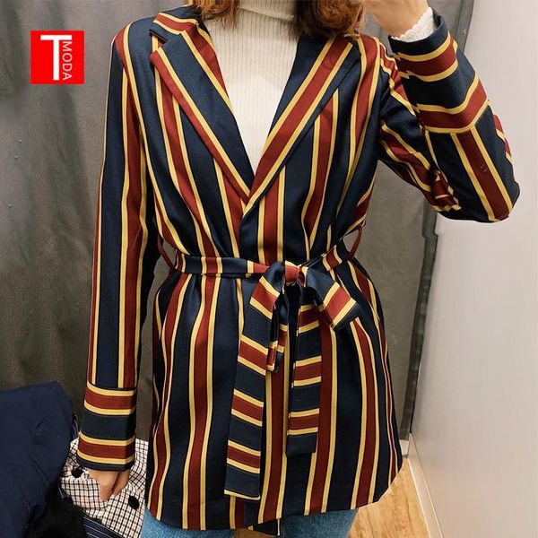 

elegant striped blazer women 2021 spring notched collar long sleeve sashes loose jacket feminino women's suits & blazers, White;black