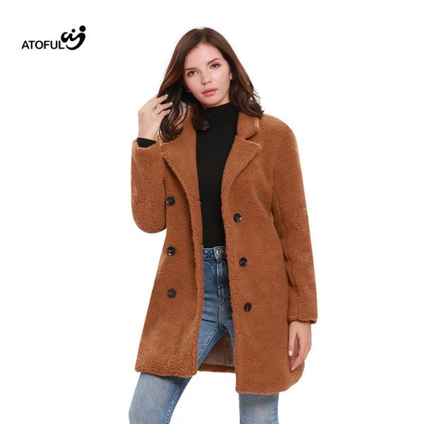 

women's trench coats atoful women thick flocking faux fur coat streetwear autumn winter warm plush teddy female overcoat party casual o, Tan;black
