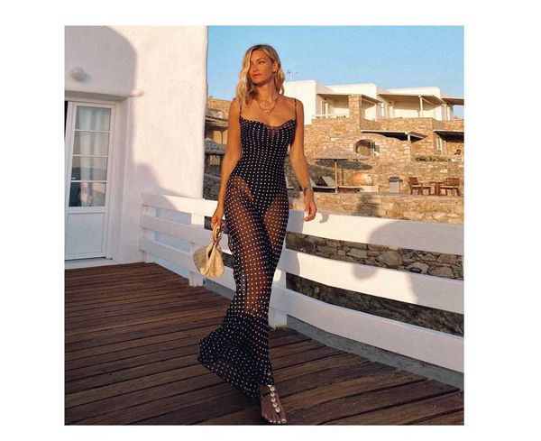 

v neck sleeveless gauze see-through bandage black lace-up skirt casual loose club dress for women y1006, Black;gray