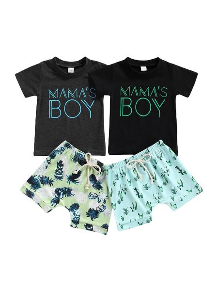 

clothing sets 2 pcs born summer outfits, baby letter print short sleeve round neck t-shirt + tie-up cactus/pineapple pattern shorts, White