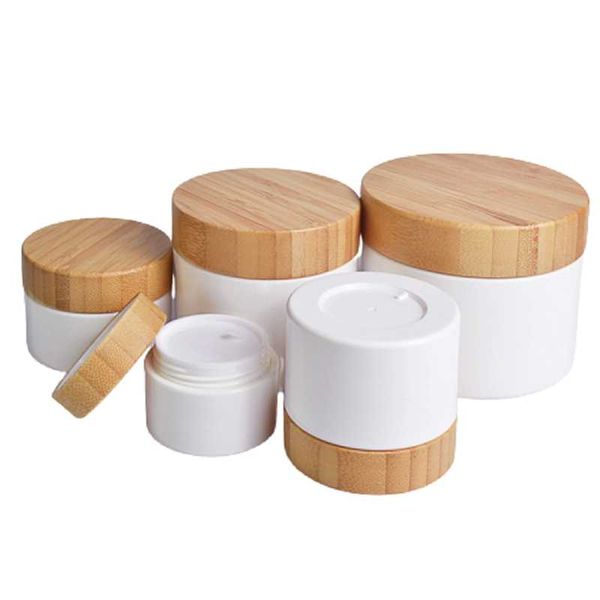 

storage bottles & jars 15/30/50/100/200/250g white pp plastic skin care cream jar cosmetic eye body containers with bamboo wood lids