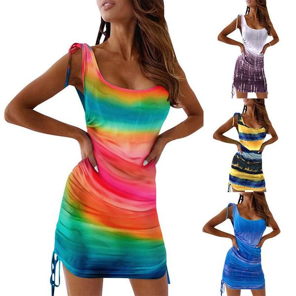 

casual dresses summer dress ruched low cut bodycon mini women tie-dye square collar sleeveless, Black;gray