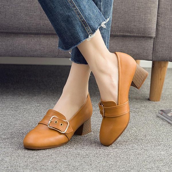 

dress shoes vintage square block heels split leather women pumps platform 2021 autumn mid heel loafers office shoe 41 42, Black