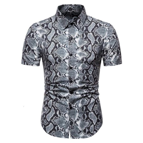 

fashion snakeskin pattern print shirt men chemise homme slim fit short sleeve mens shirts party nightclub, White;black