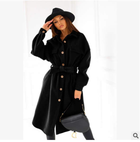 

women's wool & blends 2021 european and american autumn winter fashion 5-color lapel single-breasted belt long-sleeved woolen coat, Black