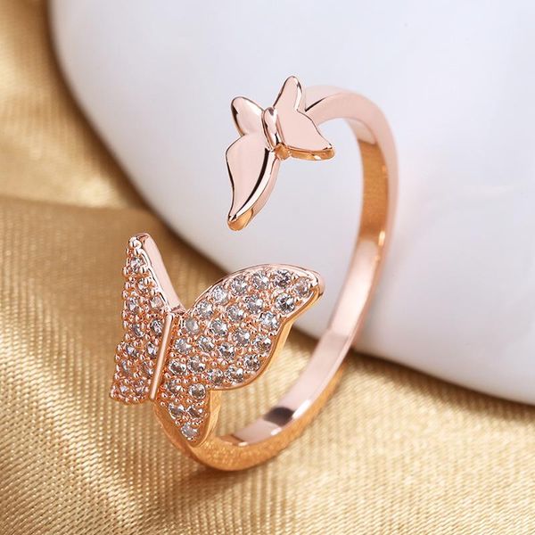 

wedding rings women's cute lovely butterfly open shiny crystal zircon paved romantic rose gold ring jewelry female trendy gift, Slivery;golden
