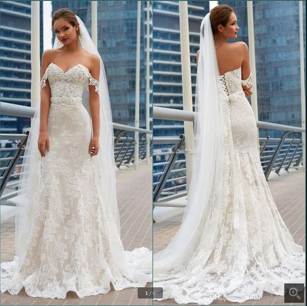 

robe de mariage modest lace mermaid wedding dresses off the shoulder applique beach bride dress corset plus size court train bridal gowns cu, White