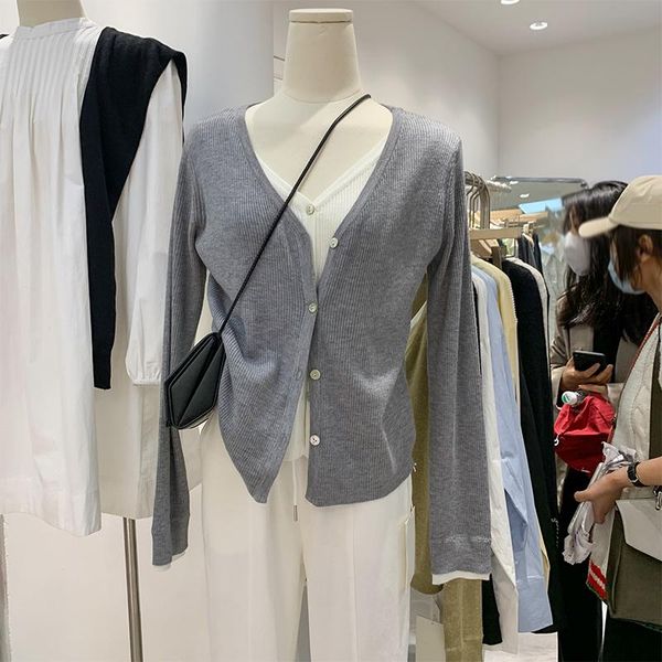 

women's knits & tees 2021 fashion spring design v-neck gray knitted cardigans faux two piece full sleeve bottoming sweaters all-match w, White
