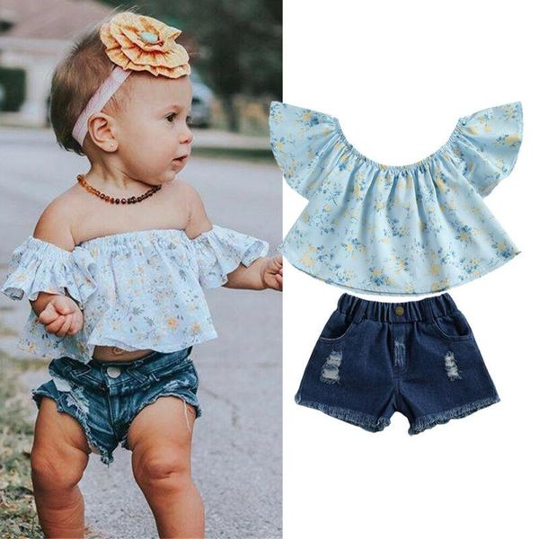 

2pcs toddler kids baby girl floral off shoulder crop denim shorts outfit set clothing sets, White